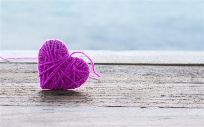 purple knitted heart, heart of thread, purple heart, romantic background, love background, creative love background