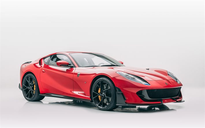 Ferrari 812 Superfast, 2020, Mansory, front view, red sports coupe, tuning, new red 812 Superfast, black wheels, Italian sports cars, Ferrari