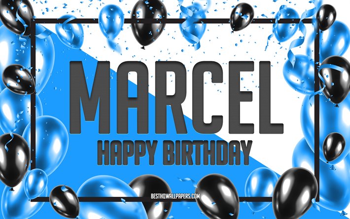 Buon Compleanno Marcel, feste di Compleanno, Palloncini Sfondo, Marcel, sfondi per il desktop con i nomi Marcel buon Compleanno, Palloncini Blu di Compleanno, Sfondo, biglietto di auguri, Marcel Compleanno