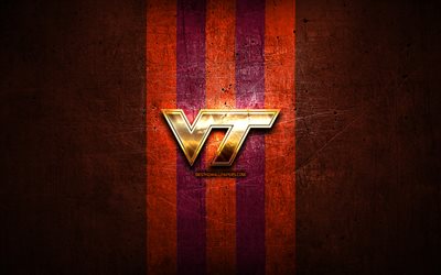 Virginia Tech Hokies, golden logo, NCAA, red metal background, american football club, Virginia Tech Hokies logo, american football, USA