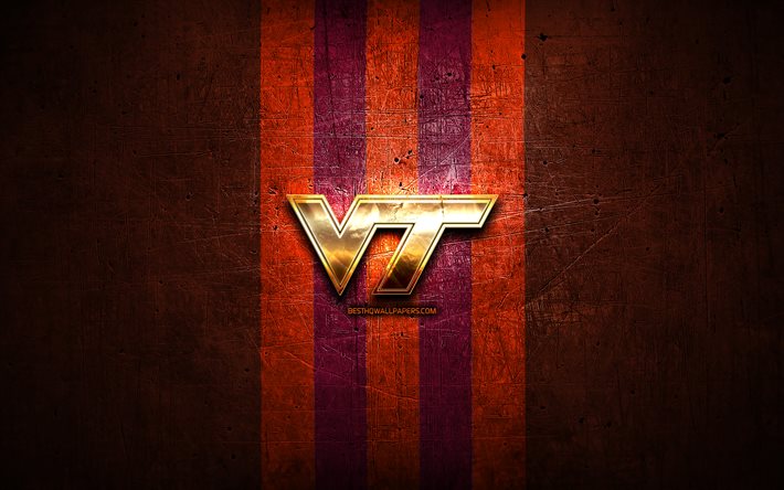 Virginia Tech Hokies, logo dorato, NCAA, rosso, metallo, sfondo, americano, football club, Virginia Tech Hokies logo, football americano, USA