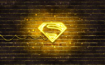 Ter&#228;smies keltainen logo, 4k, keltainen brickwall, Superman-logo, supersankareita, Ter&#228;smies neon-logo, Ter&#228;smies