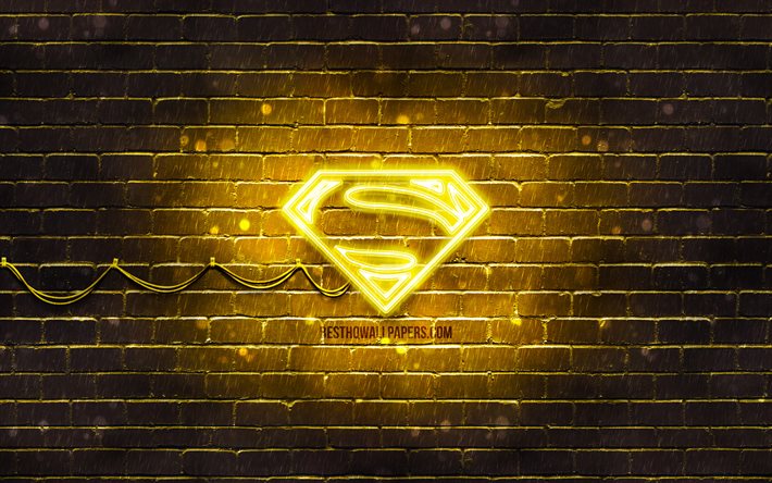 superman-gelb-logo, 4k, gelb brickwall -, superman-logo, superhelden, superman neon logo, superman
