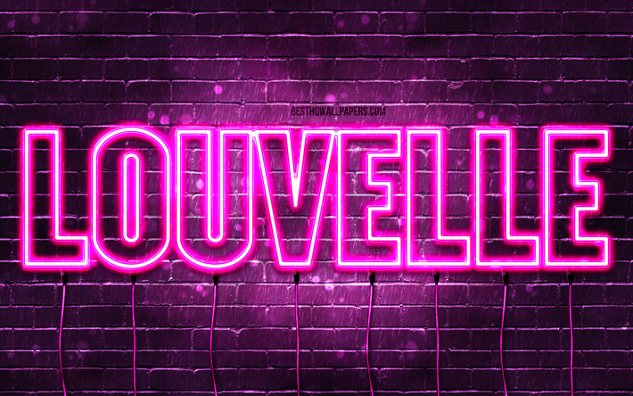 buon compleanno louvelle, 4k, luci al neon rosa, nome louvelle, creativo, louvelle buon compleanno, louvelle compleanno, nomi femminili francesi popolari, foto con nome louvelle, louvelle