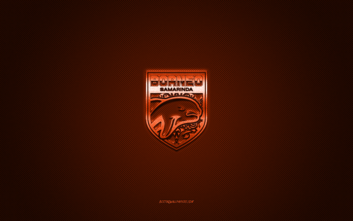 borneo fc, squadra di calcio indonesiana, logo arancione, sfondo arancione in fibra di carbonio, liga 1, calcio, samarinda, indonesia, logo borneo fc