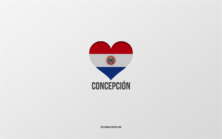 j aime concepcion, villes paraguayennes, jour de concepcion, fond gris, concepcion, paraguay, coeur drapeau paraguayen, villes pr&#233;f&#233;r&#233;es, love concepcion