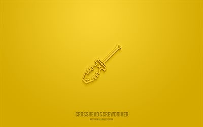 Crosshead screwdriver 3d icon, yellow background, 3d symbols, Crosshead screwdriver, tools icons, 3d icons, Crosshead screwdriver sign, tools 3d icons