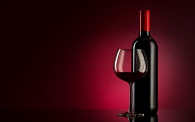 kırmızı şarap, bir şişe kırmızı şarap, bordo arka plan, şarap kavramları, bir kadeh kırmızı şarap