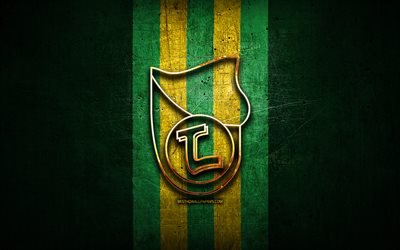 Lushnja FC, golden logo, Kategoria Superiore, green metal background, football, Albanian football club, KF Lushnja logo, soccer, KF Lushnja
