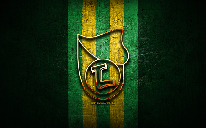 ルシュニャfc, 金色のロゴ, 優れたカテゴリー, 緑の金属の背景, フットボール, アルバニアのサッカークラブ, kflushnjaロゴ, サッカー, kfルシュニャ
