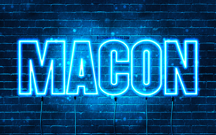 feliz anivers&#225;rio macon, 4k, luzes de neon azuis, nome macon, criativo, macon feliz anivers&#225;rio, anivers&#225;rio macon, nomes masculinos franceses populares, imagem com nome macon, macon