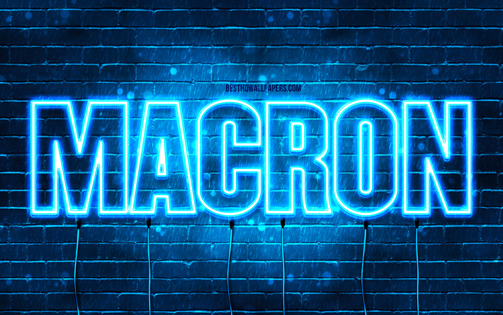 Happy Birthday Macron, 4k, blue neon lights, Macron name, creative, Macron Happy Birthday, Macron Birthday, popular french male names, picture with Macron name, Macron