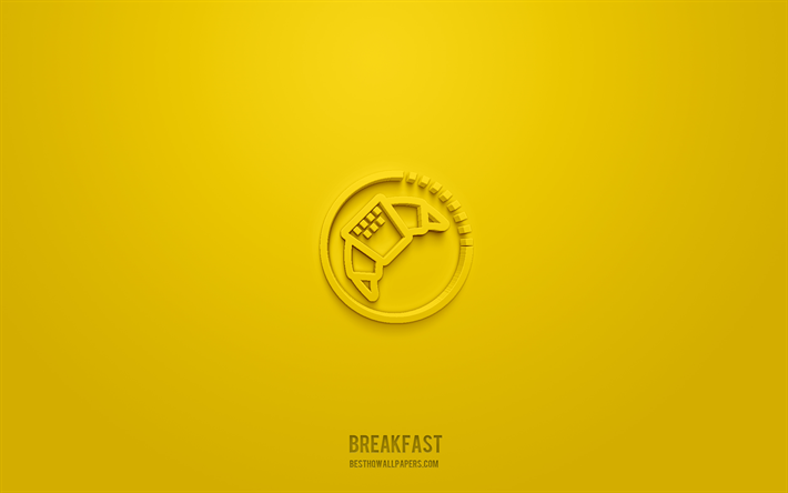 icona colazione 3d, sfondo giallo, simboli 3d, colazione, icone dell hotel, icone 3d, segno della colazione, icone dell hotel 3d