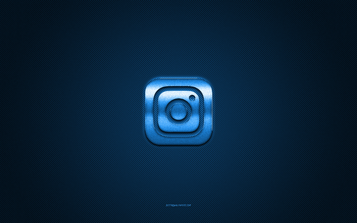 logotipo de instagram, logotipo azul brillante, emblema de metal de instagram, textura de fibra de carbono azul, instagram, marcas, arte creativo, emblema de instagram