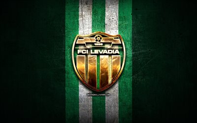 FCI Levadia, golden logo, Meistriliiga, green metal background, football, Estonian football club, FCI Levadia logo, soccer, FCI Levadia Tallinn