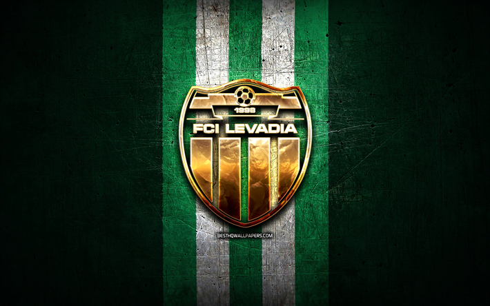 fciレバディア, 金色のロゴ, チャンピオンズリーグ, 緑の金属の背景, フットボール, エストニアのサッカークラブ, fcilevadiaのロゴ, サッカー, fciレバディアタリン