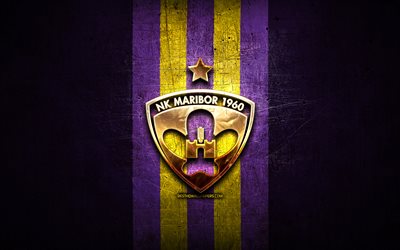 fc maribor, goldenes logo, prva liga, violetter metallhintergrund, fu&#223;ball, slowenischer fu&#223;ballverein, logo nk maribor, slowenien, nk maribor