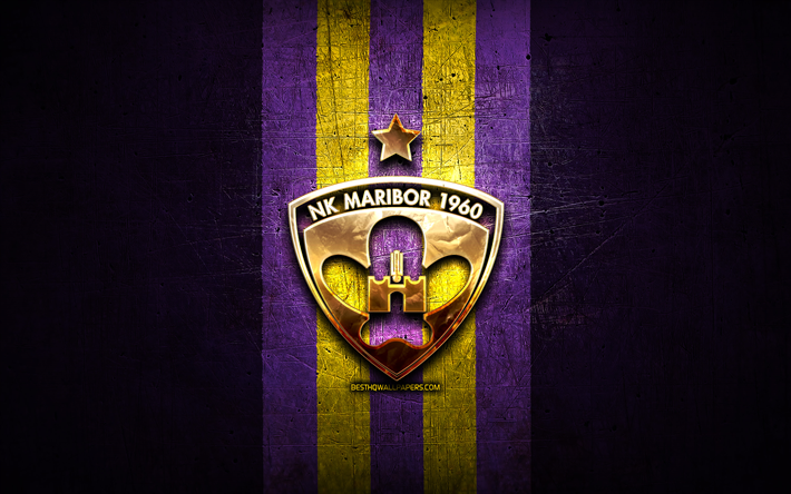 maribor fc, kultainen logo, prva liga, violetti metalli tausta, jalkapallo, slovenian jalkapalloseura, nk maribor logo, slovenia, nk maribor