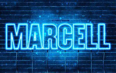 Happy Birthday Marcell, 4k, blue neon lights, Marcell name, creative, Marcell Happy Birthday, Marcell Birthday, popular french male names, picture with Marcell name, Marcell