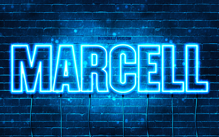 feliz cumplea&#241;os marcell, 4k, luces de ne&#243;n azules, nombre marcell, creativo, marcell feliz cumplea&#241;os, marcell cumplea&#241;os, nombres masculinos franceses populares, imagen con el nombre marcell, marcell