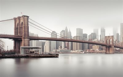 brooklyn bridge, molnig morgon, new york city, manhattan, skyskrapor, new york stadsbild, usa