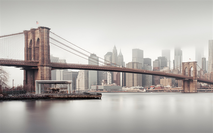 Brooklyn Bridge, cloudy morning, New York City, Manhattan, skyscrapers, New York cityscape, USA