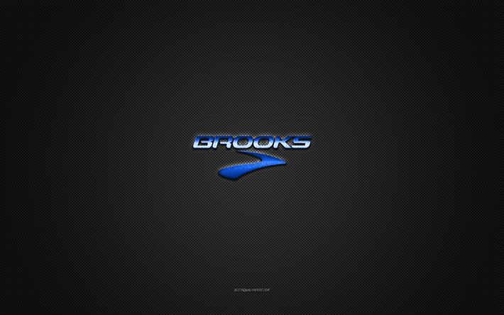 Brooks Sports logo, blue shiny logo, Brooks Sports metal emblem, gray carbon fiber texture, Brooks Sports, brands, creative art, Brooks Sports emblem