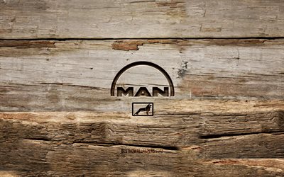 MAN wooden logo, 4K, wooden backgrounds, cars brands, MAN logo, creative, wood carving, MAN
