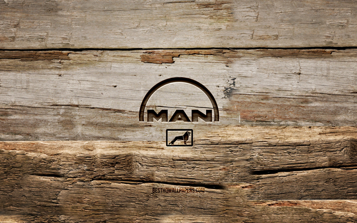 logo man in legno, 4k, sfondi in legno, marchi automobilistici, logo man, creativo, intaglio del legno, man