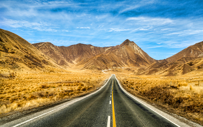 nueva zelanda, 4k, monta&#241;as, desierto, hdr, naturaleza hermosa, carretera, camino en el desierto
