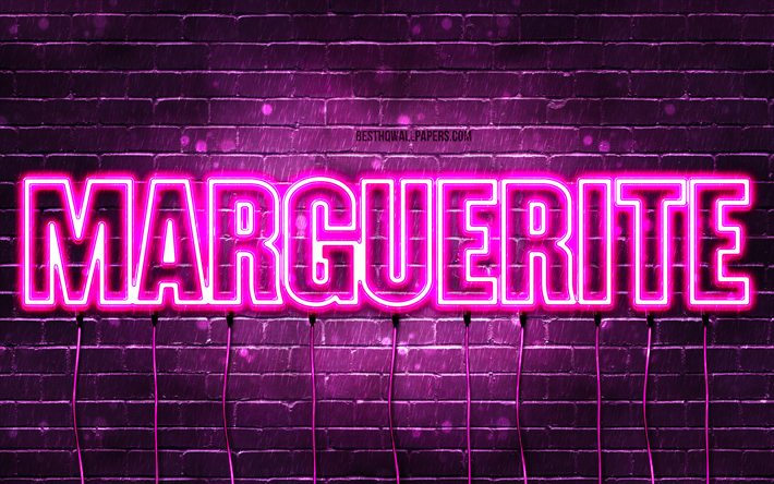 Happy Birthday Marguerite, 4k, pink neon lights, Marguerite name, creative, Marguerite Happy Birthday, Marguerite Birthday, popular french female names, picture with Marguerite name, Marguerite