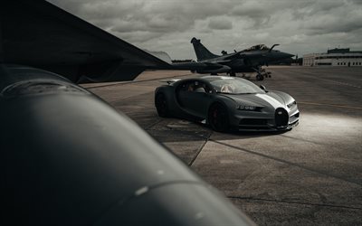 Bugatti Chiron Sport, hypercar, french fighter, Dassault Rafale, black matte Bugatti Chiron, luxury cars, Bugatti