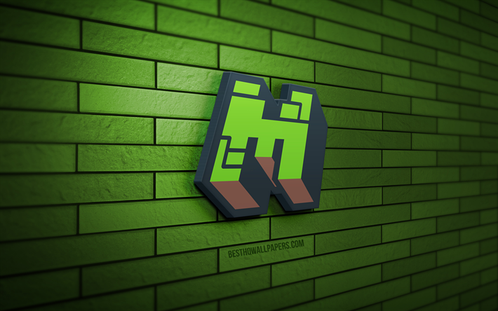 logo minecraft 3d, 4k, muro di mattoni verde, creativo, marchi di giochi, logo minecraft, arte 3d, minecraft