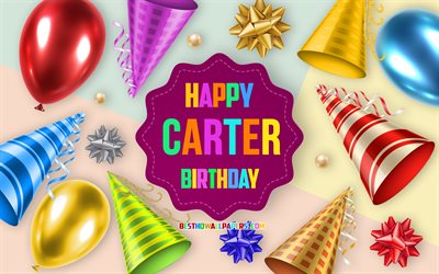 Happy Birthday Carter, 4k, Birthday Balloon Background, Carter, creative art, Happy Carter birthday, silk bows, Carter Birthday, Birthday Party Background