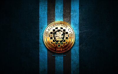 Marijampole City FC, golden logo, A Lyga, blue metal background, football, Lithuanian football club, Marijampole City FC logo, soccer, Marijampole City FA