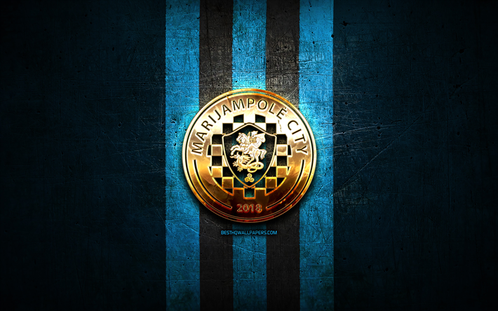 marijampole city fc, logotipo dourado, a lyga, metal azul de fundo, futebol, lituano clube de futebol, marijampole city fc logotipo, marijampole city fa