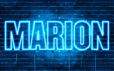 Happy Birthday Marion, 4k, blue neon lights, Marion name, creative, Marion Happy Birthday, Marion Birthday, popular french male names, picture with Marion name, Marion
