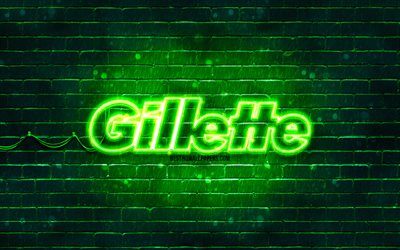 logo verde gillette, 4k, muro di mattoni verde, logo gillette, marchi, logo neon gillette, gillette