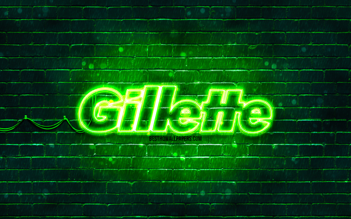 Gillette green logo, 4k, green brickwall, Gillette logo, brands, Gillette neon logo, Gillette