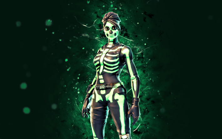 green glow skull ranger, 4k, verdes luzes de neon, fortnite battle royale, personagens de fortnite, green glow skull ranger skin, fortnite, green glow skull ranger fortnite