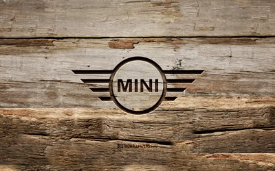 Mini wooden logo, 4K, wooden backgrounds, cars brands, Mini logo, creative, wood carving, Mini