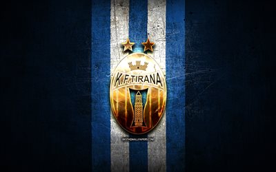 kf tirana, logo dorato, kategoria superiore, sfondo metallico blu, calcio, squadra di calcio albanese, logo kf tirana, tirana fc