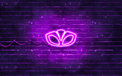 logotipo violeta de daewoo, 4k, pared de ladrillo violeta, logotipo de daewoo, marcas de autom&#243;viles, logotipo de ne&#243;n de daewoo, daewoo