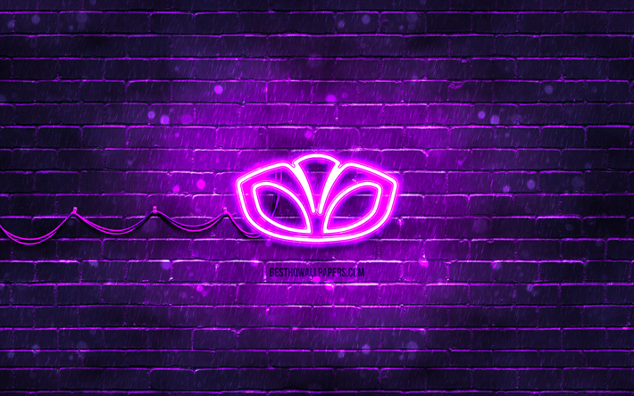daewoo violet logo, 4k, violet brickwall, daewoo logo, marques de voitures, daewoo n&#233;on logo, daewoo