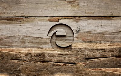 Microsoft Edge wooden logo, 4K, wooden backgrounds, browsers, Microsoft Edge logo, creative, wood carving, Microsoft Edge