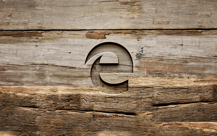 logo in legno microsoft edge, 4k, sfondi in legno, browser, logo microsoft edge, creativit&#224;, intaglio del legno, microsoft edge