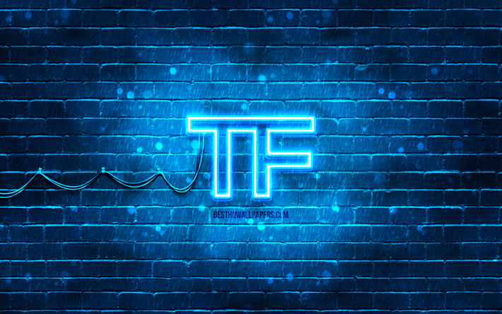 Tom Ford blue logo, 4k, blue brickwall, Tom Ford logo, brands, Tom Ford neon logo, Tom Ford