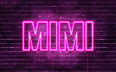Happy Birthday Mimi, 4k, pink neon lights, Mimi name, creative, Mimi Happy Birthday, Mimi Birthday, popular french female names, picture with Mimi name, Mimi