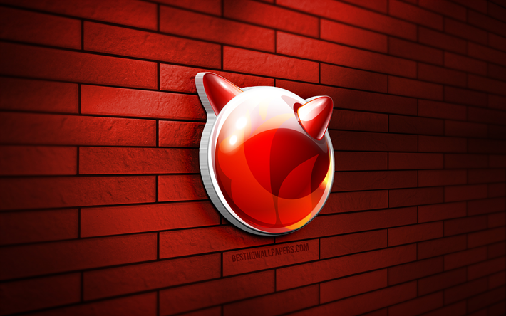FreeBSD 3D logo, 4K, red brickwall, creative, operating systems, FreeBSD logo, 3D art, FreeBSD emblem, FreeBSD
