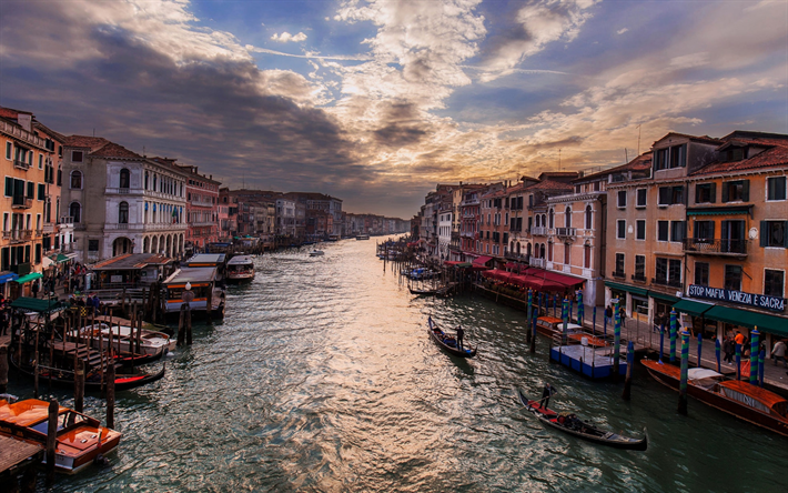 Venice, evening, sunset, canal, boats, Venice panorama, Venice cityscape, tourism, Italy
